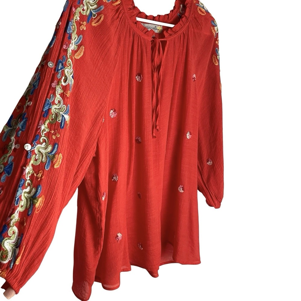 Figueroa & Flower Womens Embroidered Boho Tunic Top Size 2X Orange Cutout Sleeve